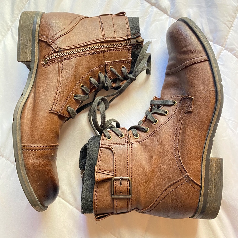 Brown Faux Leather Zip-up Boots